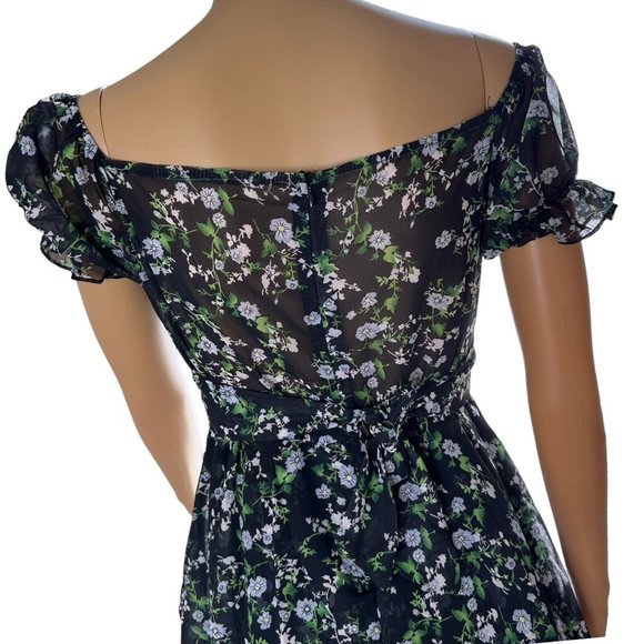 Womens Boho Playsuit Romper Medium M Black Green Floral Off The Shoulder Lined - Picture 5 of 16